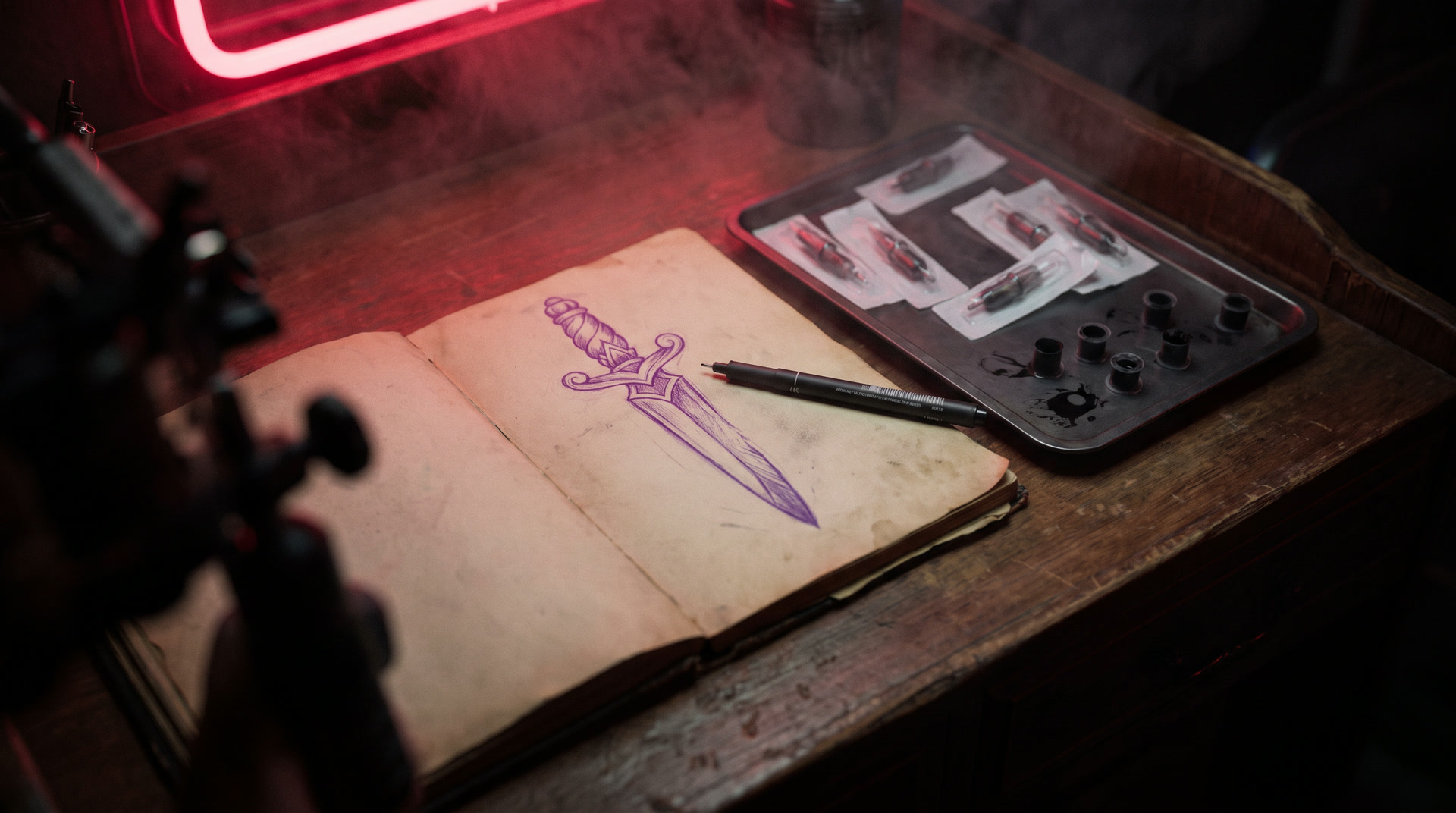 A dagger design sketched in ink in an open sketchbook beside sealed needle cartridges, lit by amber light